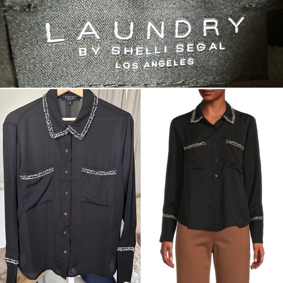 Laundry by Shelli Segal Long Sleeve Button Front Egret Blouse Boucle Trim M NWT - Picture 1 of 9